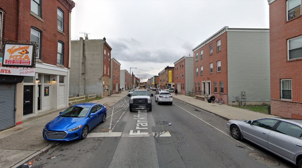 Frankford Avenue, with 2951 Frankford Avenue on the left. Looking southwest. Credit: Google Maps