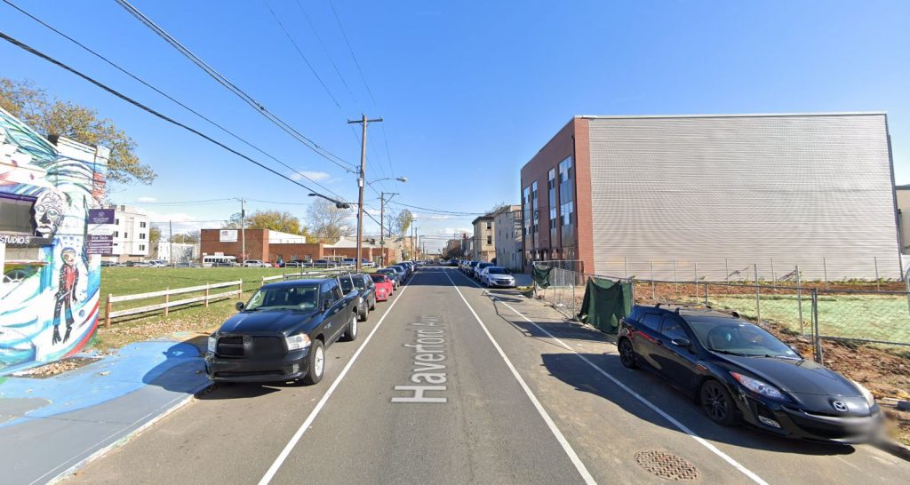 Haverford Avenue, with 3611 Haverford Avenue on the left. Looking east. Credit: Google