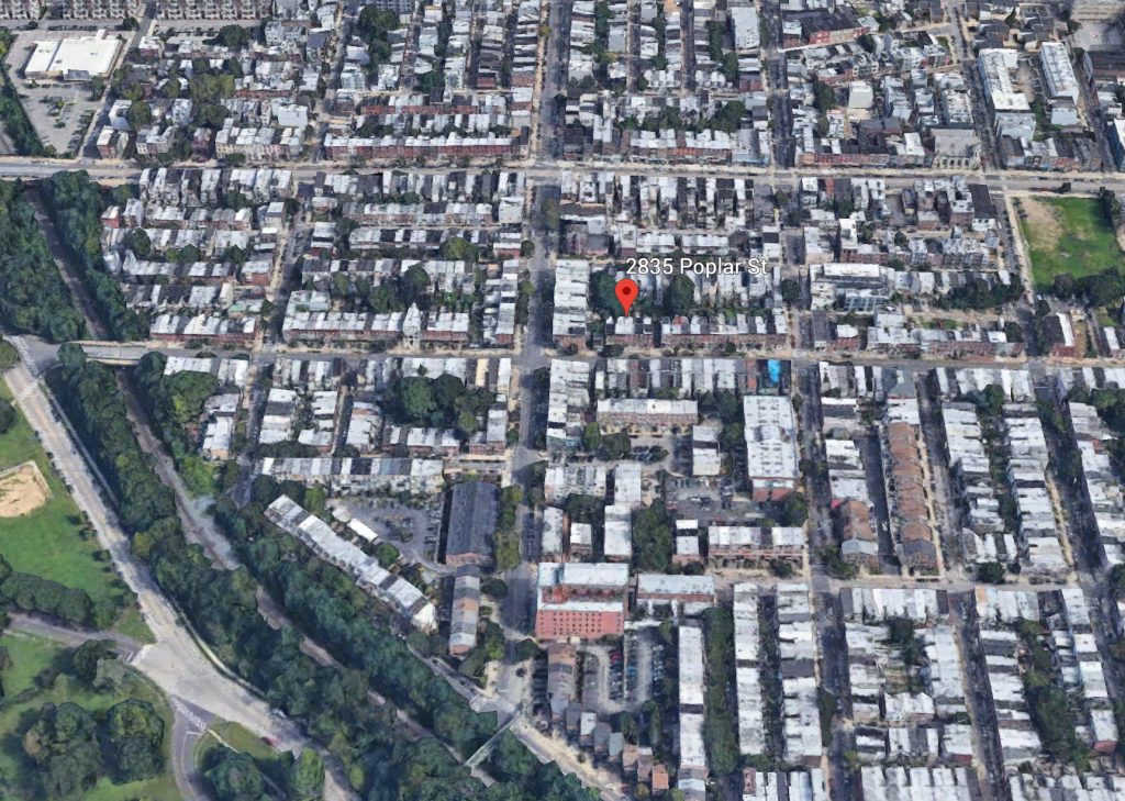 Aerial view of 2835 Poplar Street. Credit: Google.