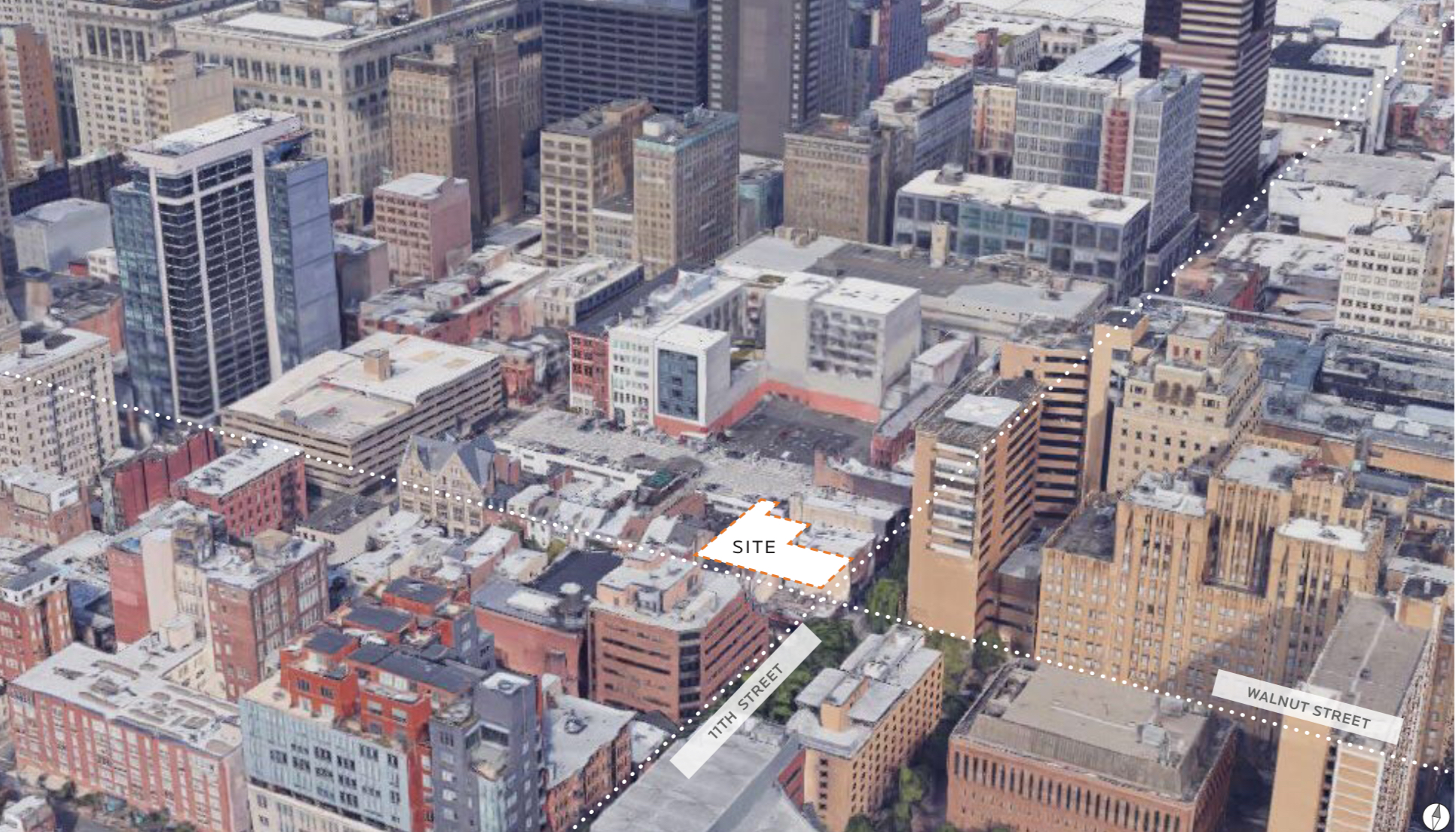 Aerial view and site plan of of 1101 Walnut Street site. Credit: JKRP Architects