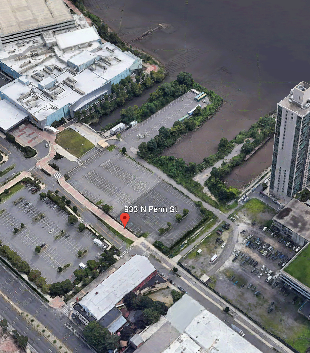 Aerial view of 933 North Penn Street. Credit: Google.