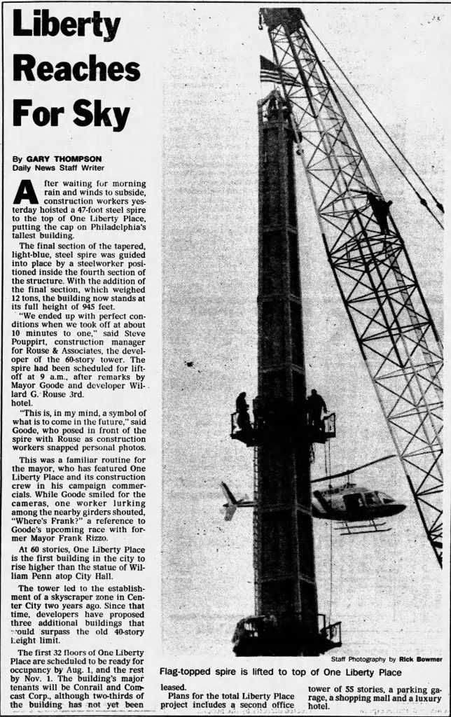 One Liberty Place spire in place. Photo from Philadelphia Daily News