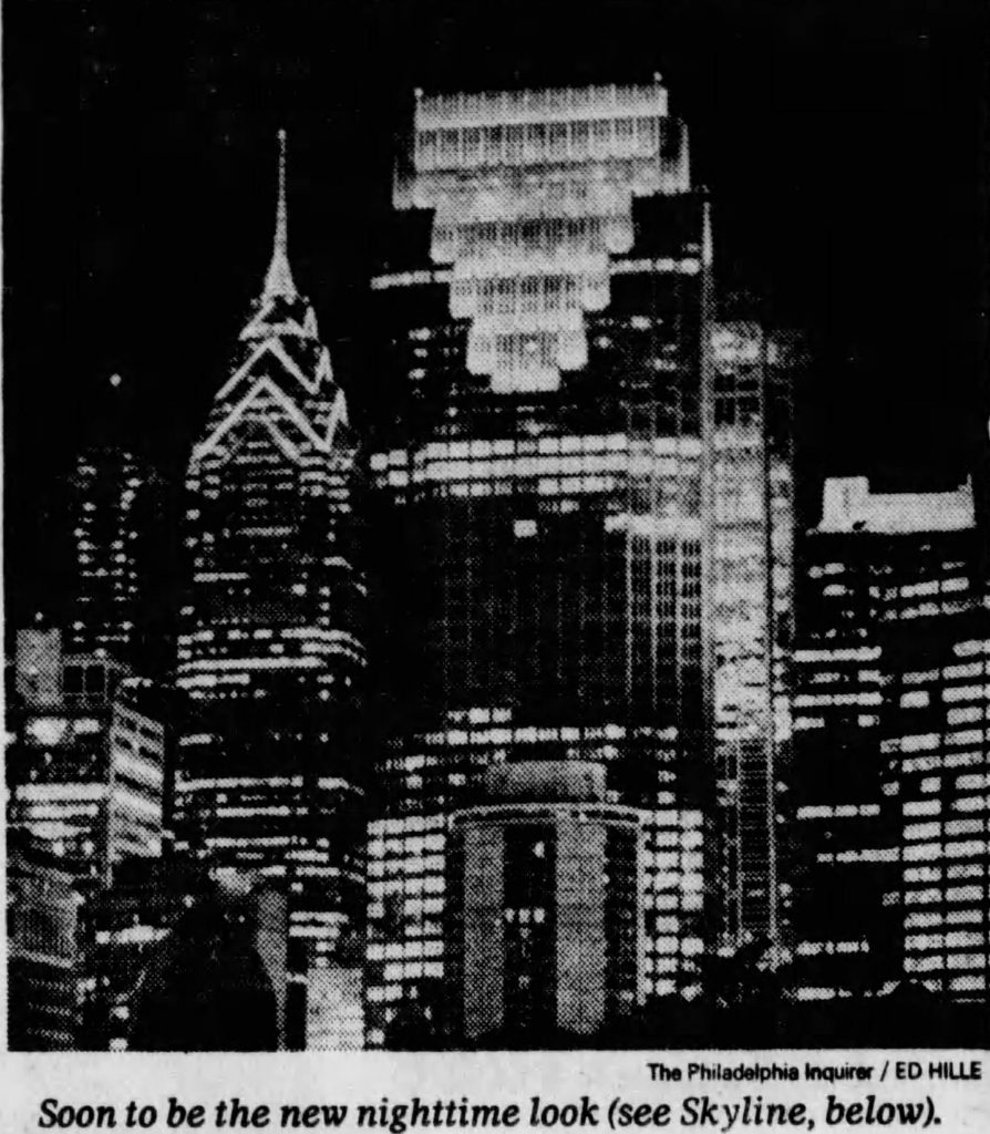 Two Liberty Place nearly finished without crown lights. Image via Philadelphia Inquirer