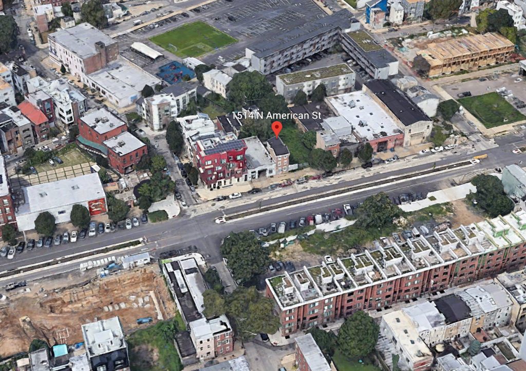 Aerial view of 1514 North American Street. Credit: Google.