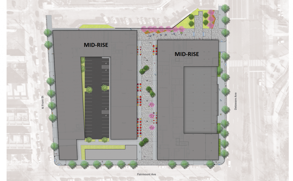 700-30 Delaware Avenue and 711-35 North Front Street. Current site plan. Credit: JKRP Architects (labels by Vitali Ogorodnikov)