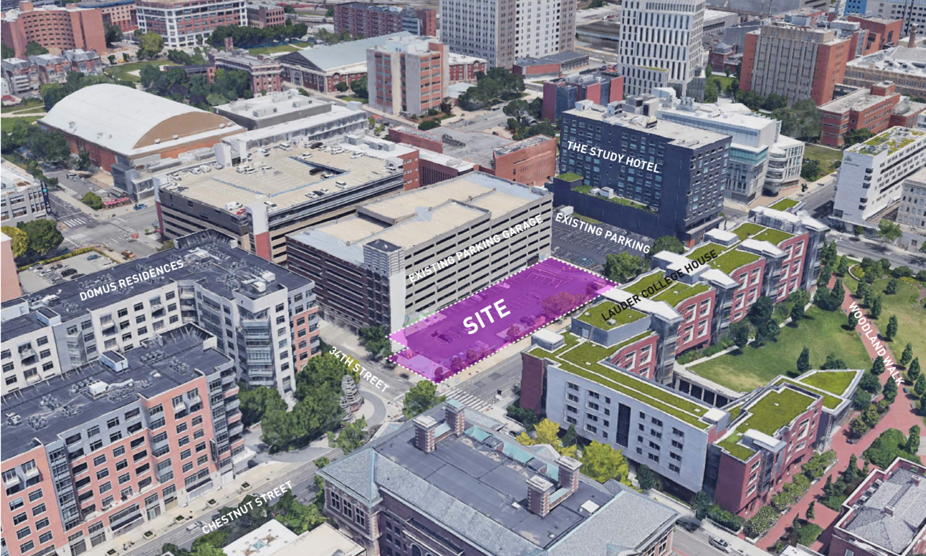 Current aerial view of 3317-33 Chestnut Street. Credit: Google/Lake Flato Architects.
