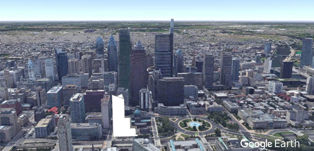 Two Cathedral Square in the Philadelphia skyline looking south. Original image from Google Earth, model by Thomas Koloski