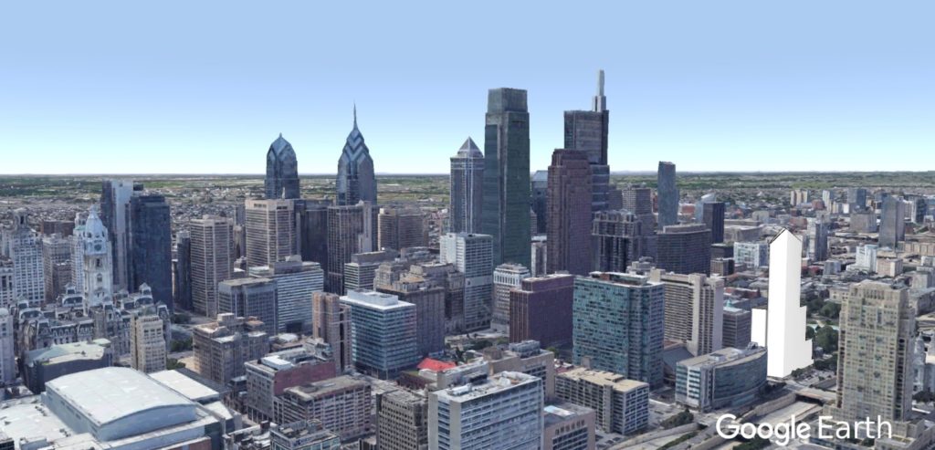 Two Cathedral Square in the Philadelphia skyline looking southwest. Original image from Google Earth, model by Thomas Koloski