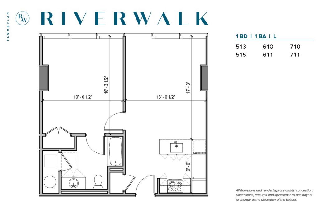 Floor plan of a rental apartment at Riverwalk. Credit: PMC Property Group