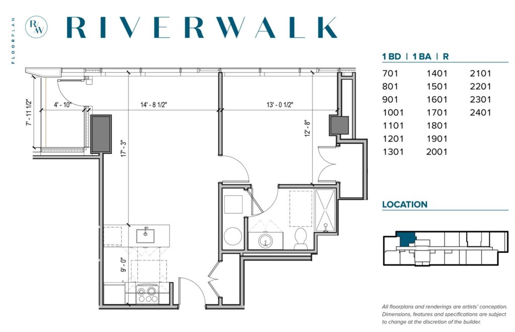 Floor plan of a rental apartment at Riverwalk. Credit: PMC Property Group