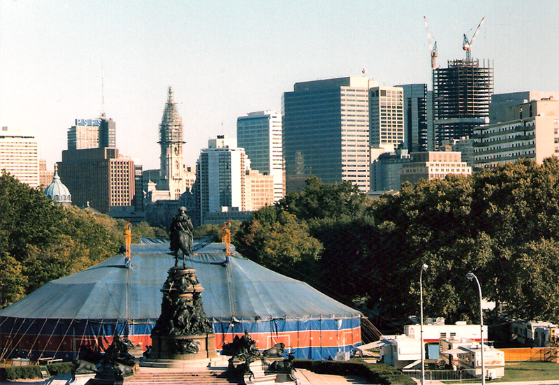 One Liberty Place under construction from the Philadelphia Museum of Art. Image via phillyskyline.com, photo by Arthur Petrella 