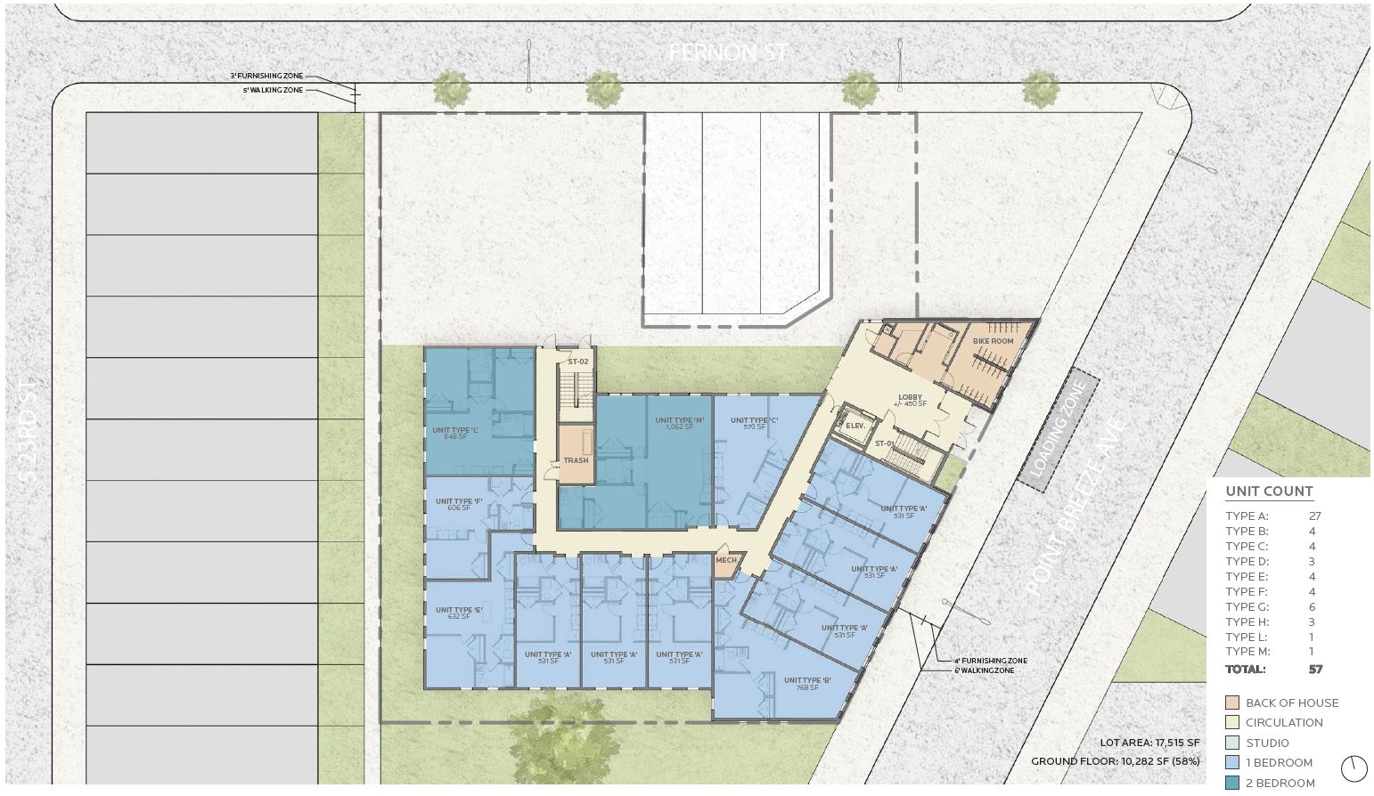 1622-40 Point Breeze Avenue. Floor plan - ground level. Credit: JKRP Architects via the Civic Design Review