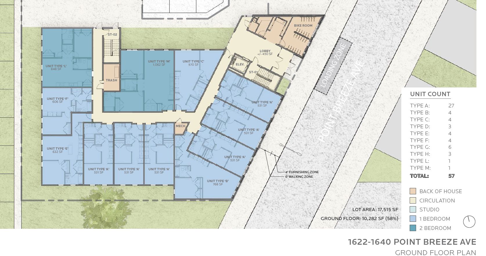 1622-40 Point Breeze Avenue. Floor plan - ground level. Credit: JKRP Architects via the Civic Design Review