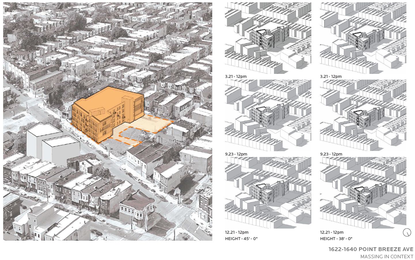 1622-40 Point Breeze Avenue. Project massing and shadow studies. Credit: JKRP Architects via the Civic Design Review