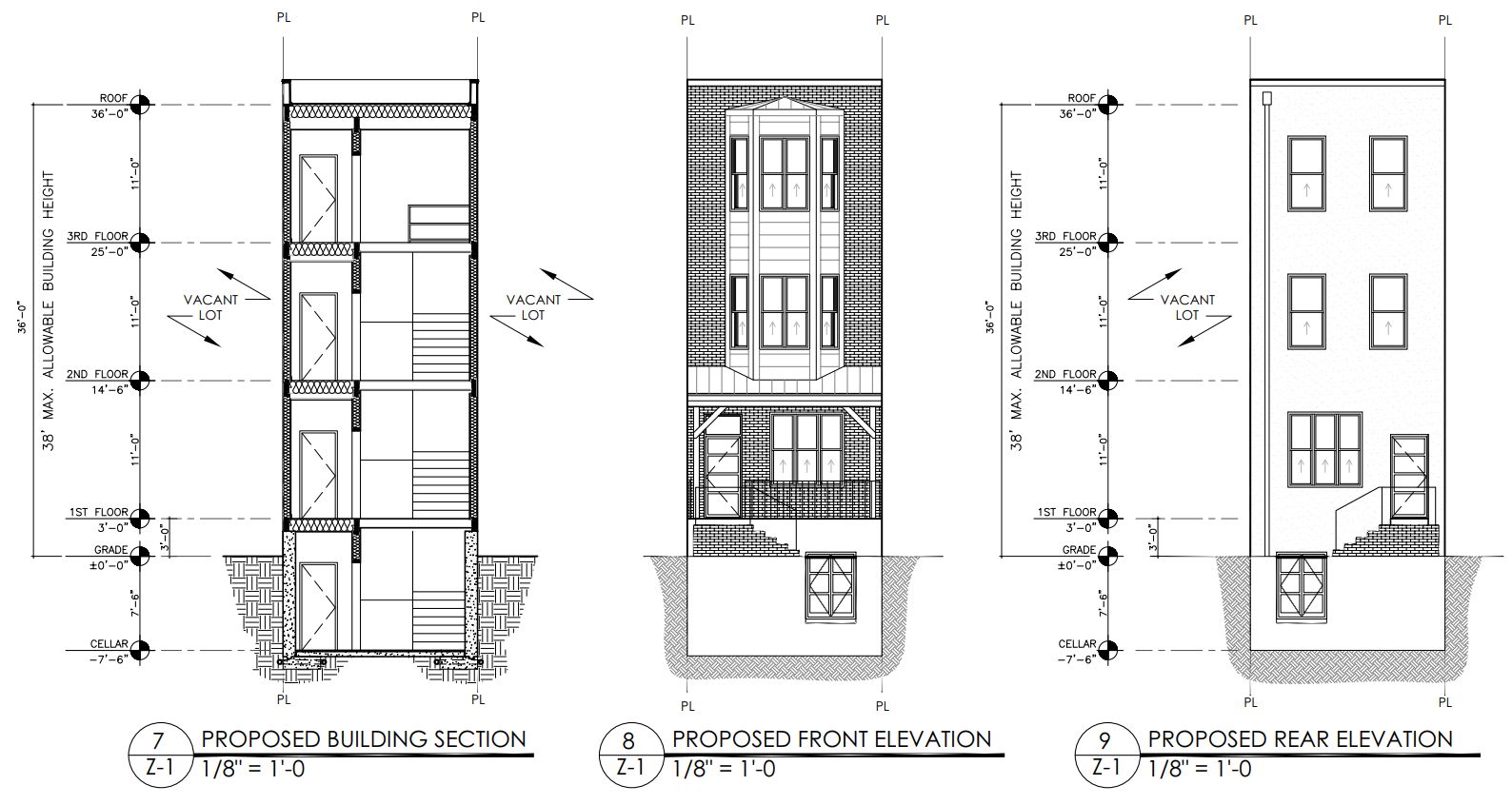 1715 North 42nd Street. Building elevation and sections. Credit: Stuart G. Rosenberg Architects (SgRA)
