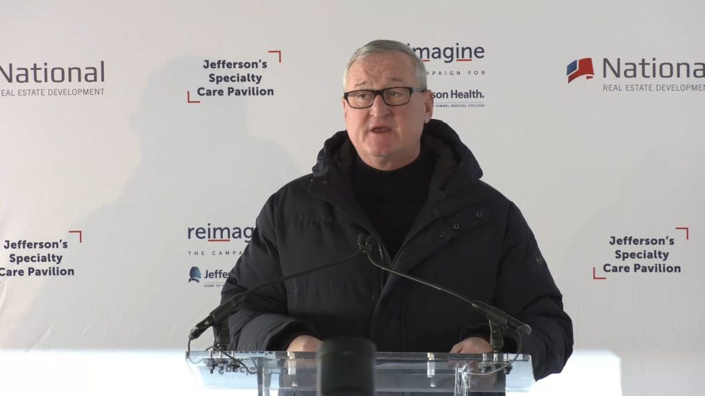 Philadelphia Mayor Jim Kenney at the topping off ceremony at the Jefferson Specialty Care Pavilion at 1101 Chestnut Street. Credit: Thomas Jefferson University Photography Services