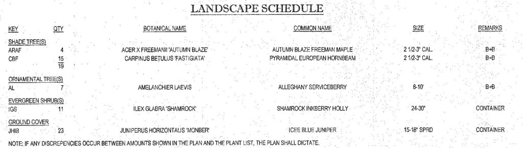 1130 North Delaware Avenue. Landscape schedule. Credit: Bohler Engineering via the City of Philadelphia