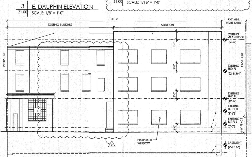 2301 Frankford Avenue. Building elevation at East Dauphin Street. Credit: Ian Smith Design Group via the City of Philadelphia