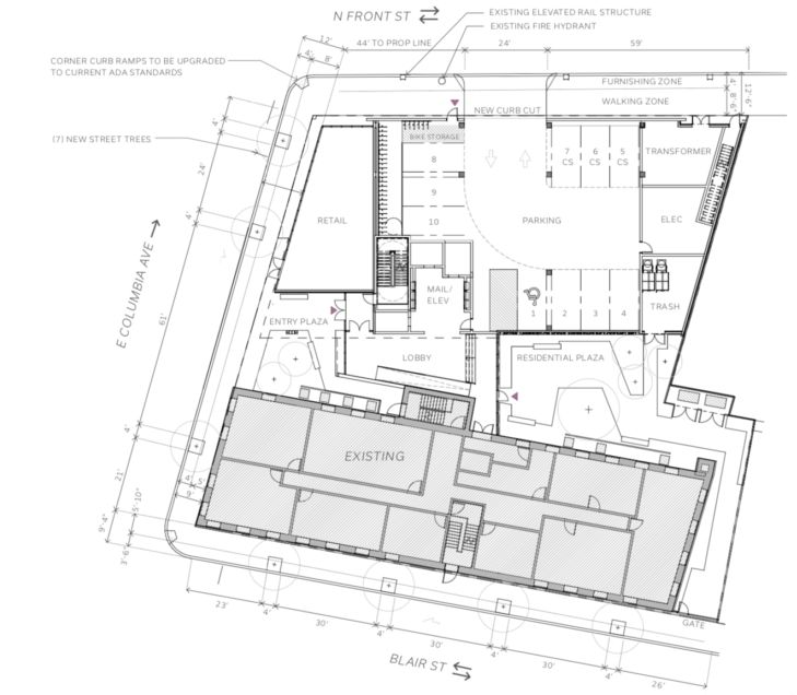 31 East Columbia Avenue. Ground floor plan. Credit: SITIO Architecture + Urbanism via the City of Philadelphia