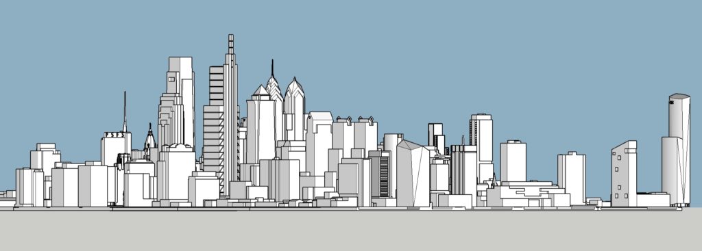 2022 Philadelphia skyline massing looking southeast. Image and model by Thomas Koloski