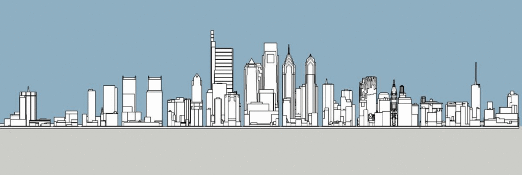 2019, 2022, and 2025 Philadelphia skyline massing elevation. Animation and models by Thomas Koloski 