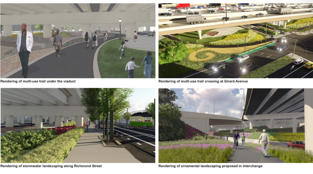Renderings of improved pedestrian landscape around I-95.