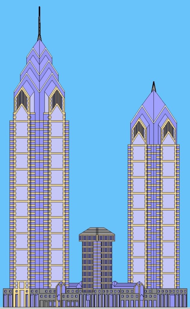Detailed 1985 Liberty Place iteration looking northeast. Models and image by Thomas Koloski