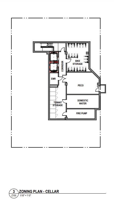 26 South 42nd Street. Floor plan (cellar). Credit: Coscia Moos Architecture via the City of Philadelphia
