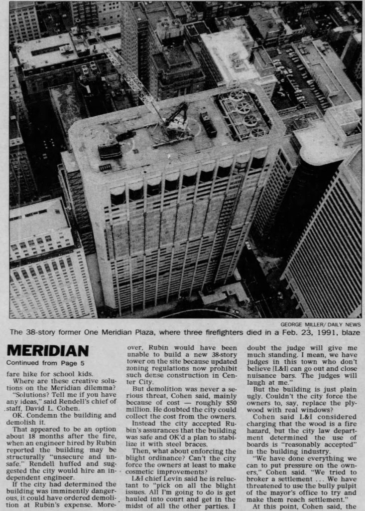 One Meridian Plaza February 1995. Image via Philadelphia Daily News