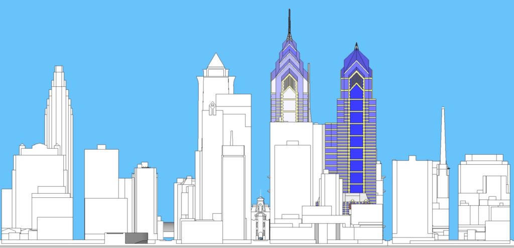 Liberty Place 1987 iteration in the Philadelphia skyline east elevation. Models and image by Thomas Koloski 
