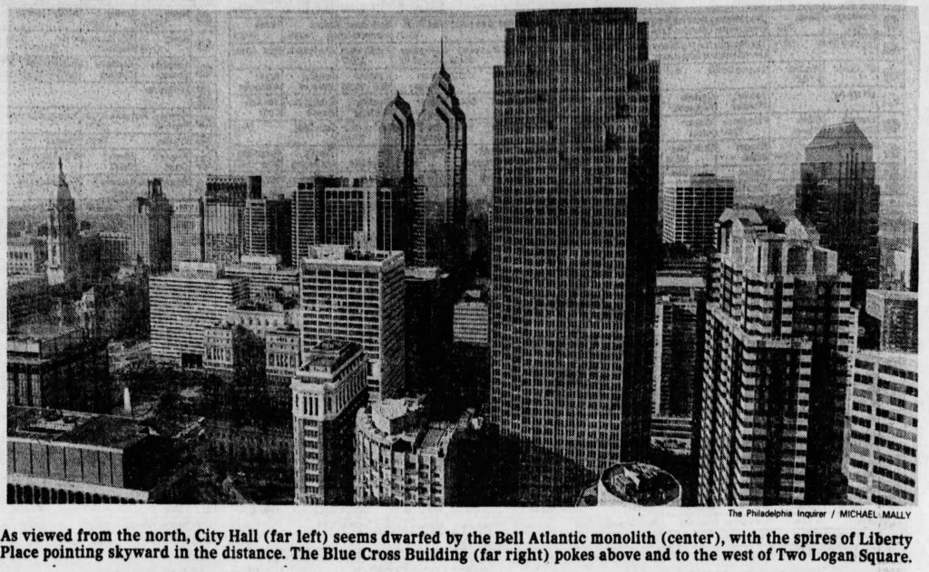 One Meridian Plaza in the Philadelphia skyline June 1991. Image via The Philadelphia Inquirer