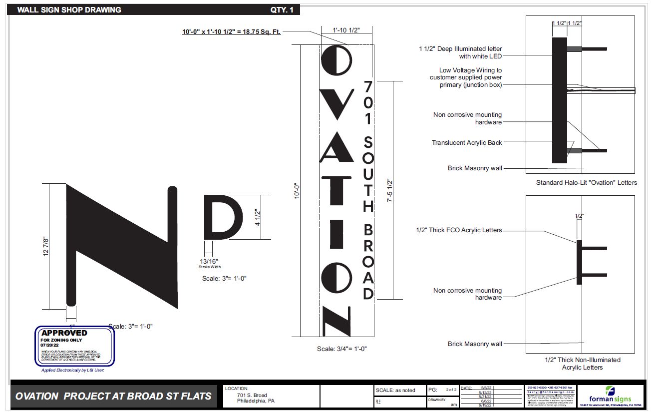 Ovation aka Broad Street Flats at 701 South Broad Street. Zoning submission for building signage. Credit: PZS Architects and Forman Signs via the City of Philadelphia