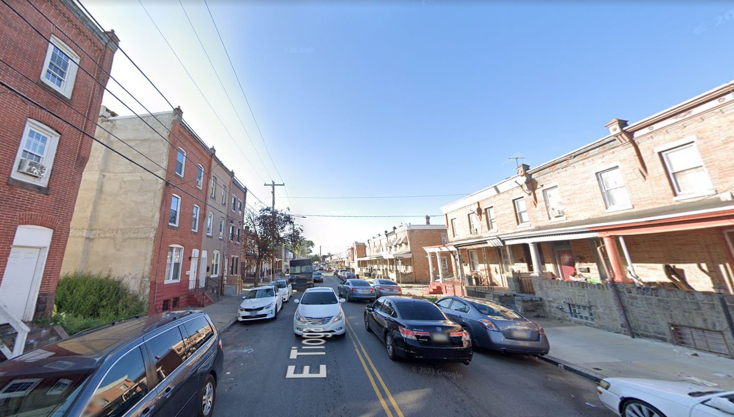 East Tioga Street, with 2018 East Tioga Street on the left. Existing site conditions. Looking northwest. September 2021. Credit: Google Maps