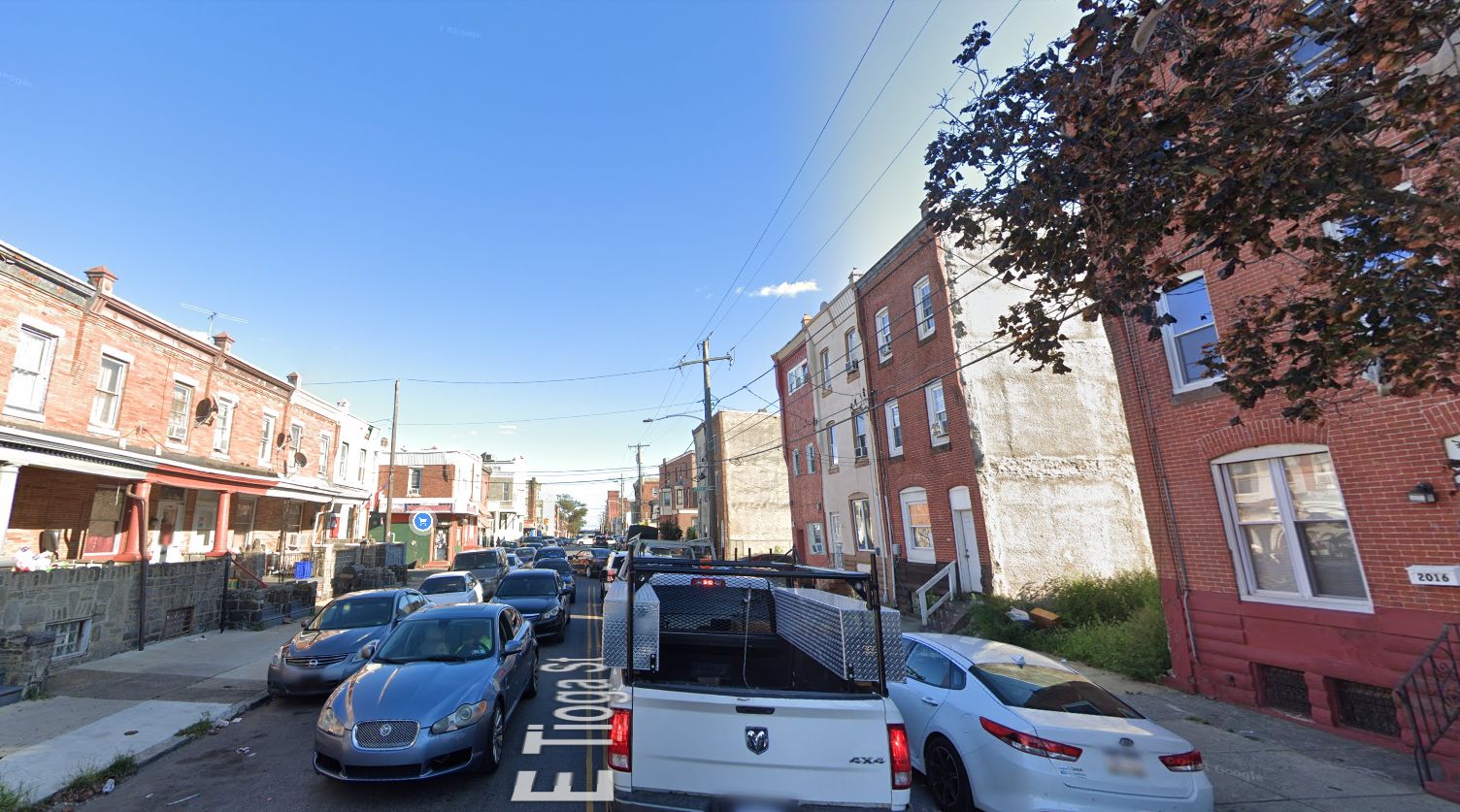 East Tioga Street, with 2018 East Tioga Street on the right. Existing site conditions. Looking southeast. September 2021. Credit: Google Maps