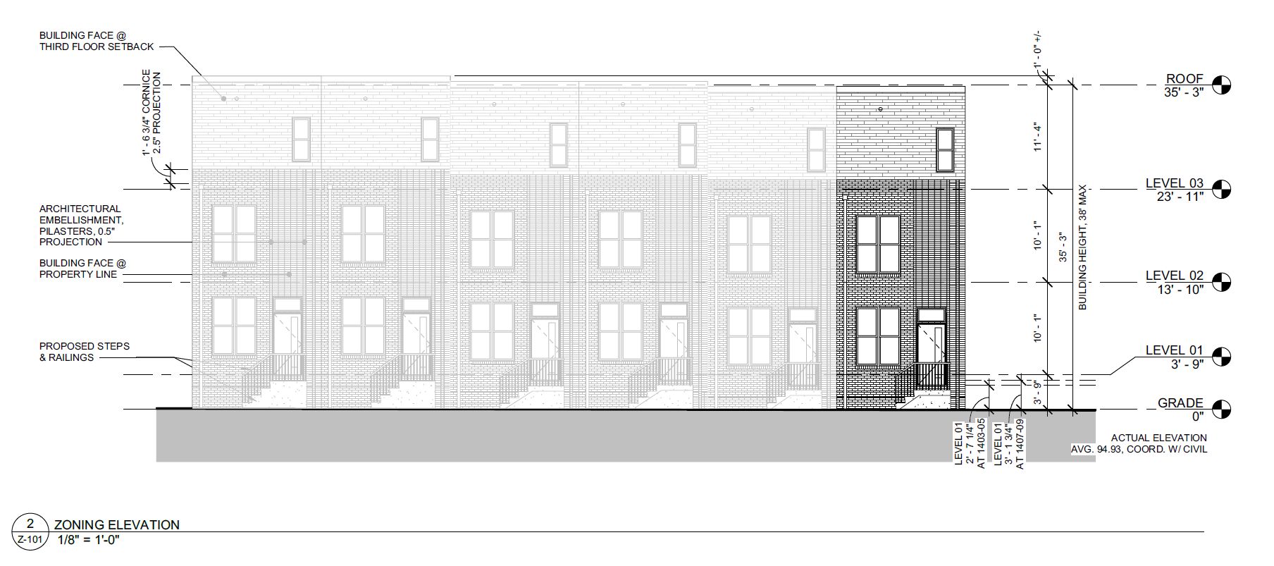 1403-13 North Marston Street. Building elevation, with 1403 North Marston Street highlighted. Credit: Moto Designshop via the City of Philadelphia
