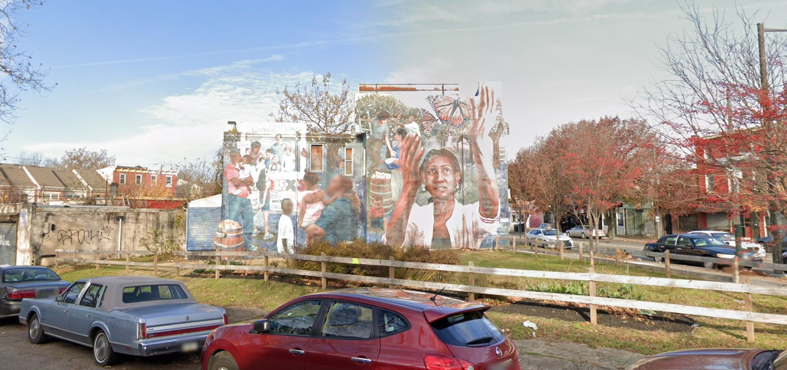 Mural at 4328 Lancaster Avenue prior to redevelopment. Looking northwest. November 2020. Credit: Google Maps