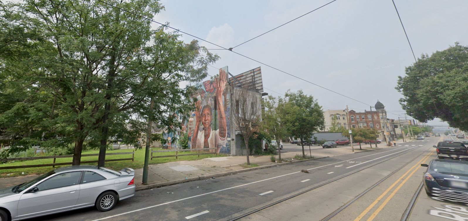 Mural at 4328 Lancaster Avenue prior to redevelopment. Looking west. July 2021. Credit: Google Maps