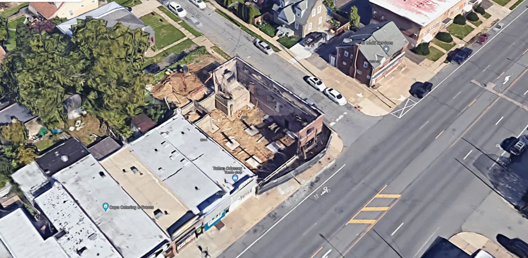 8014 Castor Avenue during renovation. Aerial view. Looking north. Credit: Google Maps