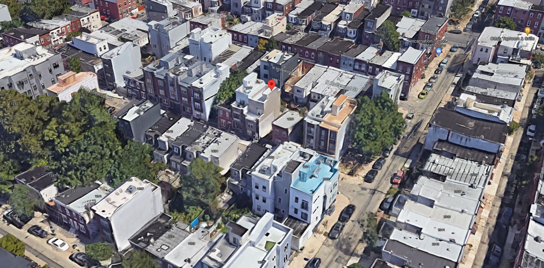 1233 North Myrtlewood Street. Aerial view prior to redevelopment. Looking northeast. Credit: Google Maps