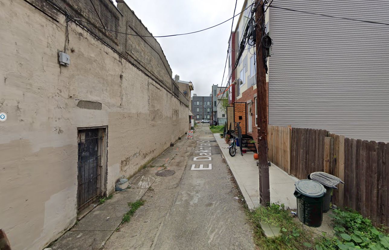 East Dakota Street, with 2121 East Dakota Street on the right. Site conditions prior to redevelopment. Looking northwest. October 2018. Credit: Google Maps