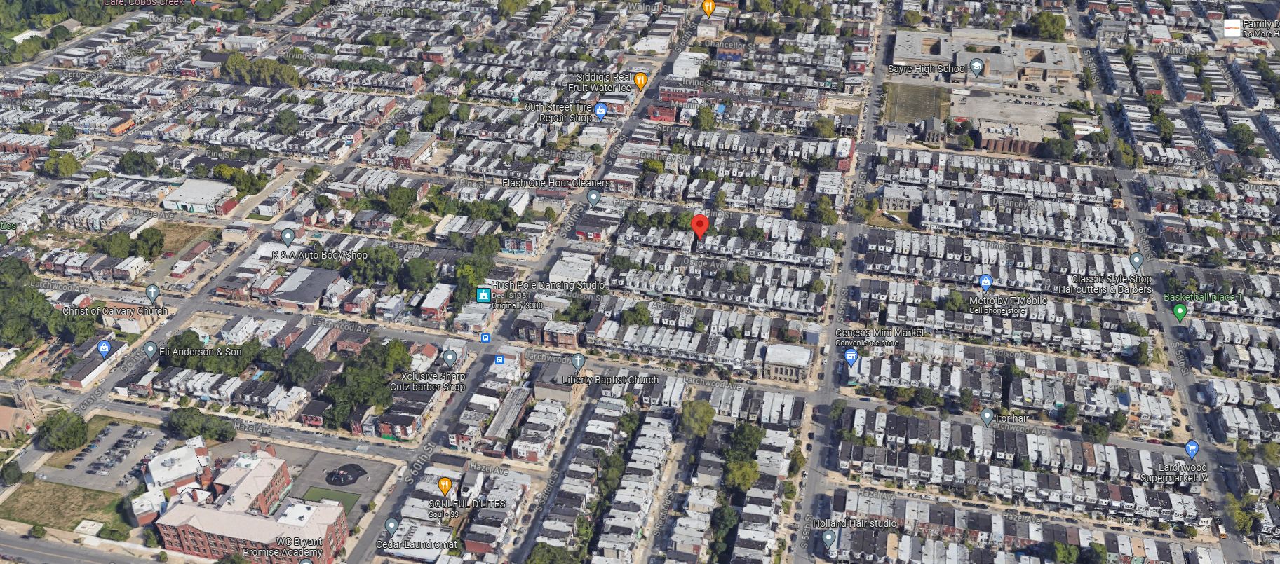 Cobbs Creek and 5937 Osage Avenue. Aerial view prior to redevelopment. Looking north. Credit: Google Maps