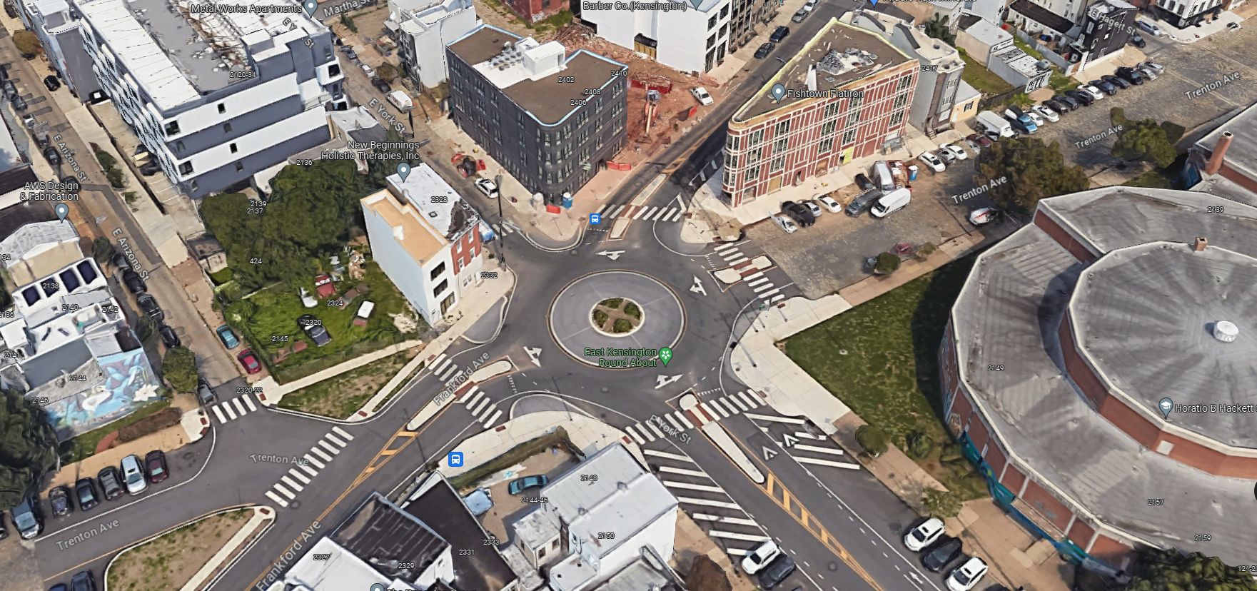 Fishtown Roundabout (aka East Kensington Roundabout). Aerial view. Looking north. Credit: Google Maps