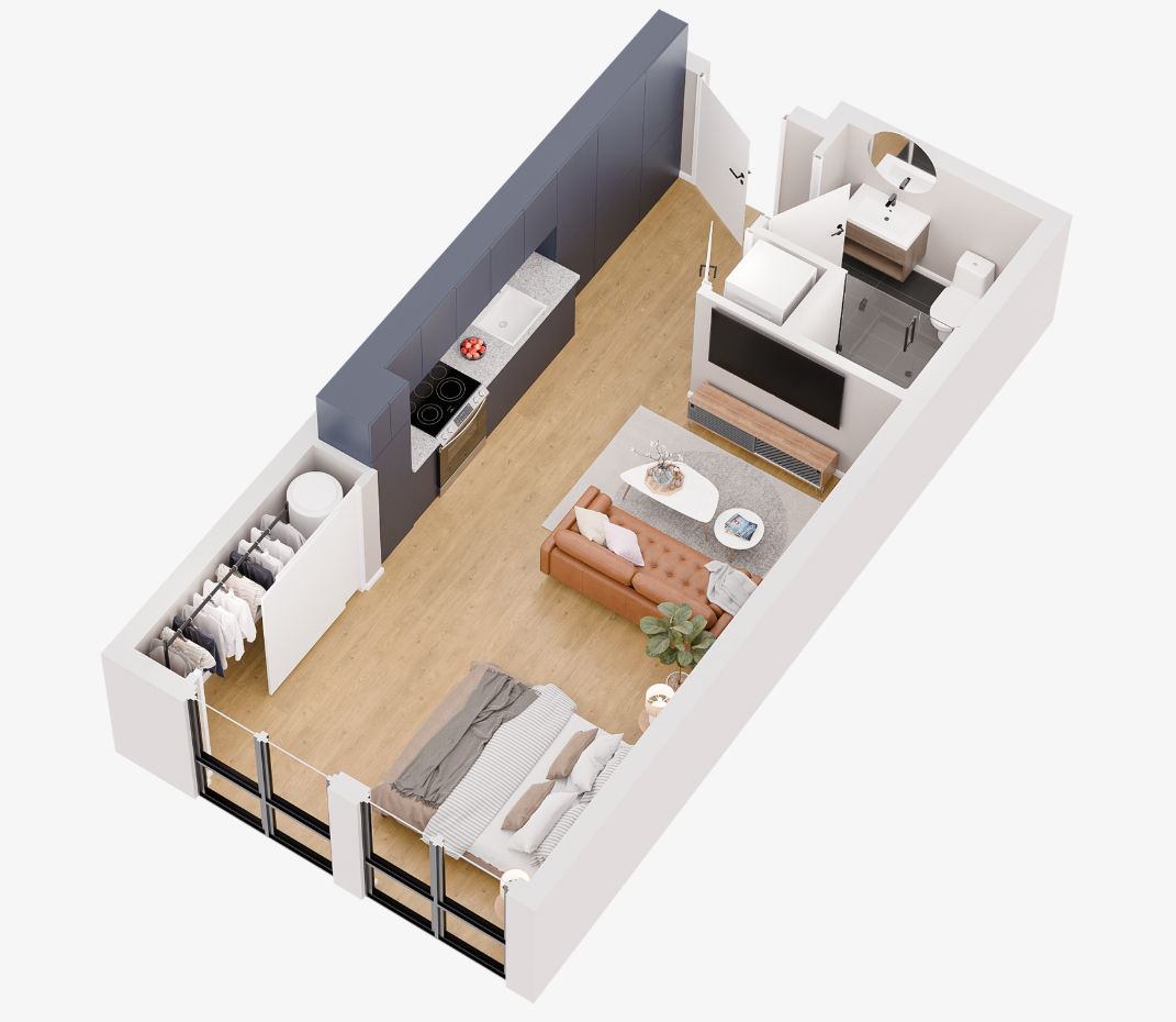 The Luxe Phase I at 1705 North American Street. Studio apartment. Axonometric floor plan via Luxe Fishtown