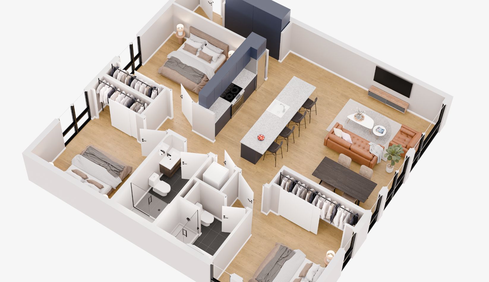 The Luxe Phase I at 1705 North American Street. Two-bedroom apartment. Axonometric floor plan via Luxe Fishtown