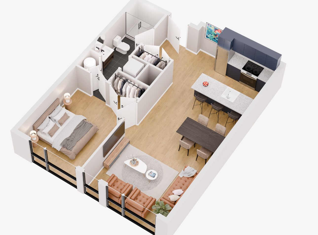 The Luxe Phase I at 1705 North American Street. One-bedroom apartment. Axonometric floor plan via Luxe Fishtown