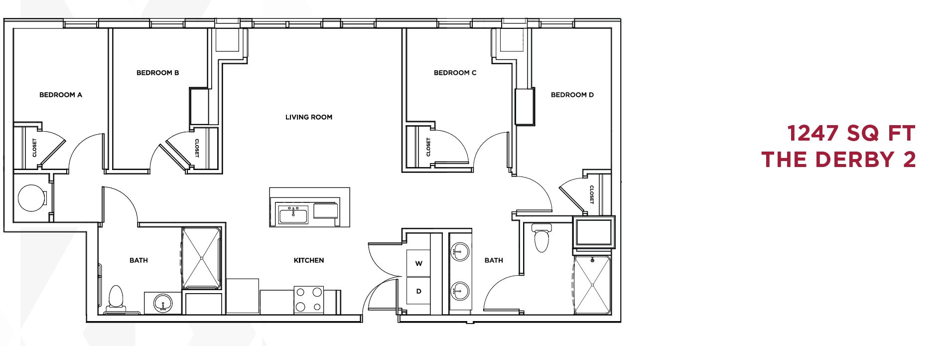 The Standard at Philadelphia at 119 South 31st Street. Floor plan of a four-bedroom apartment of type Derby. Credit: Landmark Properties