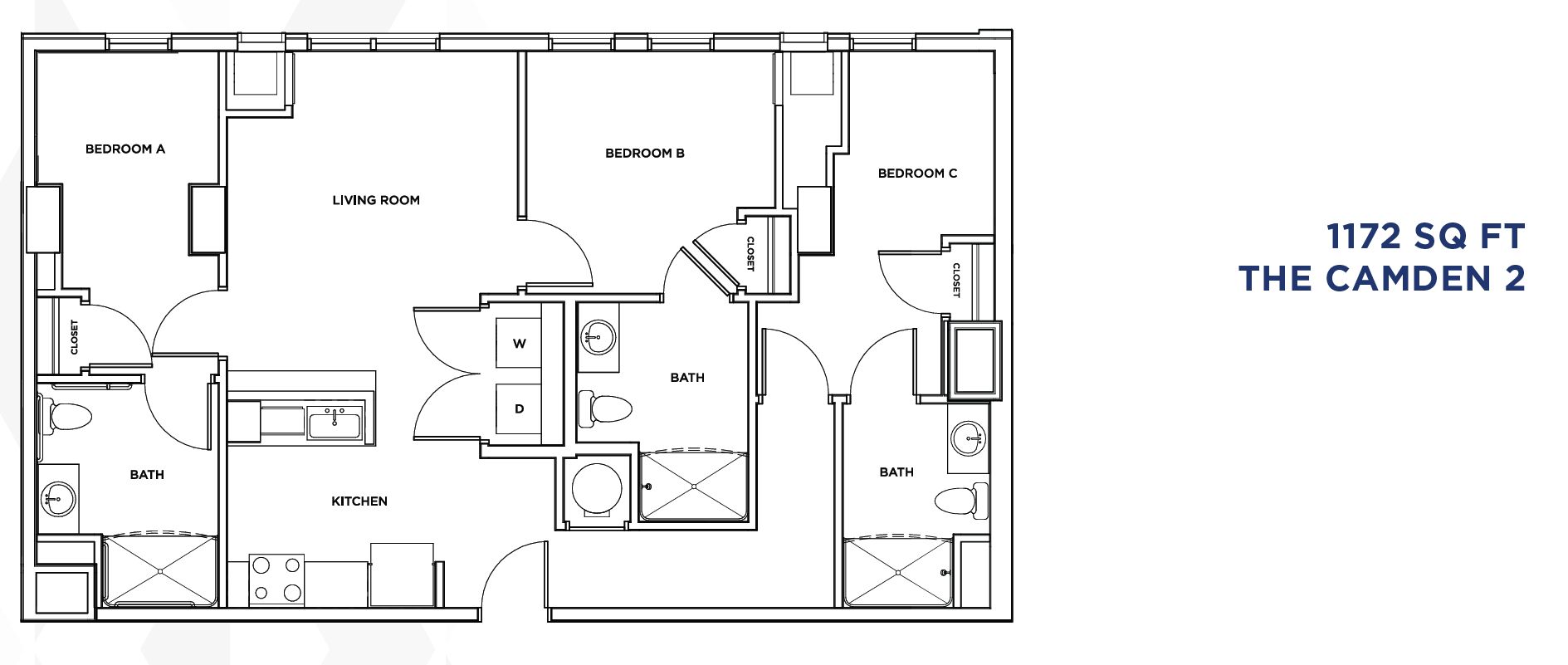 The Standard at Philadelphia at 119 South 31st Street. Floor plan of a three-bedroom apartment of type Camden. Credit: Landmark Properties