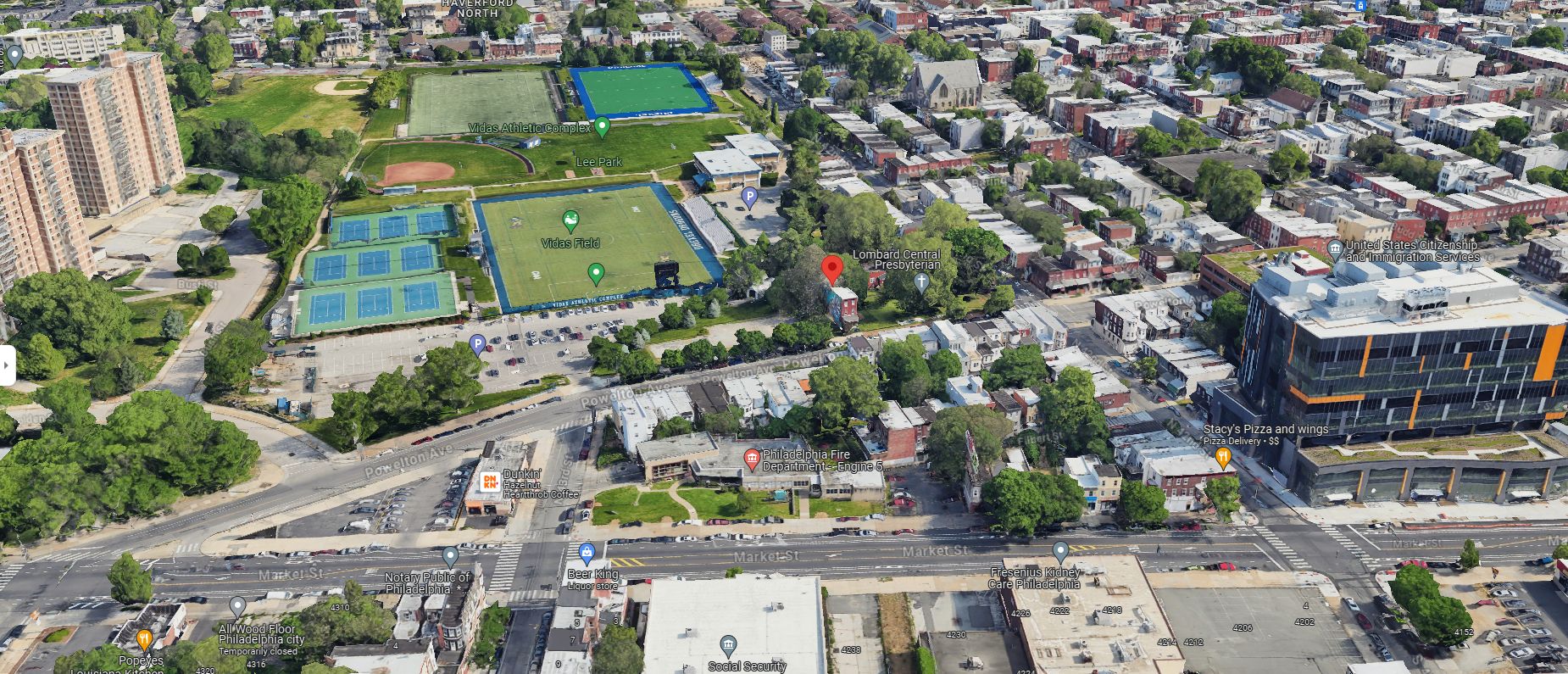 4223 Powelton Avenue. Aerial view prior to redevelopment. Looking north. Credit: Google Maps