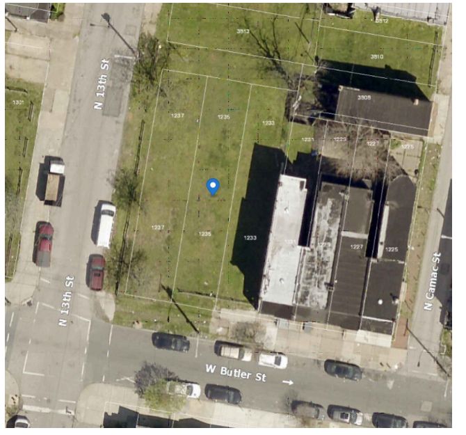 1235 West Butler Street. Site conditions prior to redevelopment. Aerial view. Credit: Loney Engineering & Consulting via the City of Philadelphia