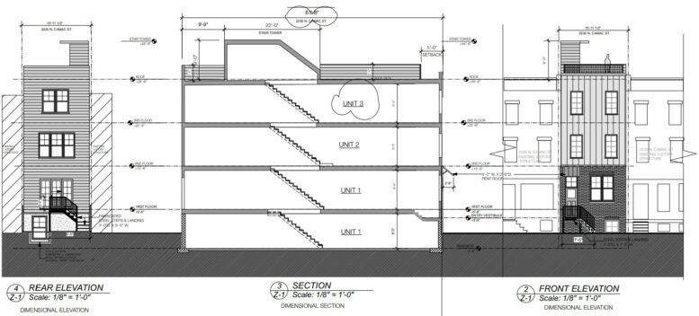 2230 North Camac Street. Building elevations and section. Credit: Jos. Serratore & Company-Architects via the City of Philadelphia